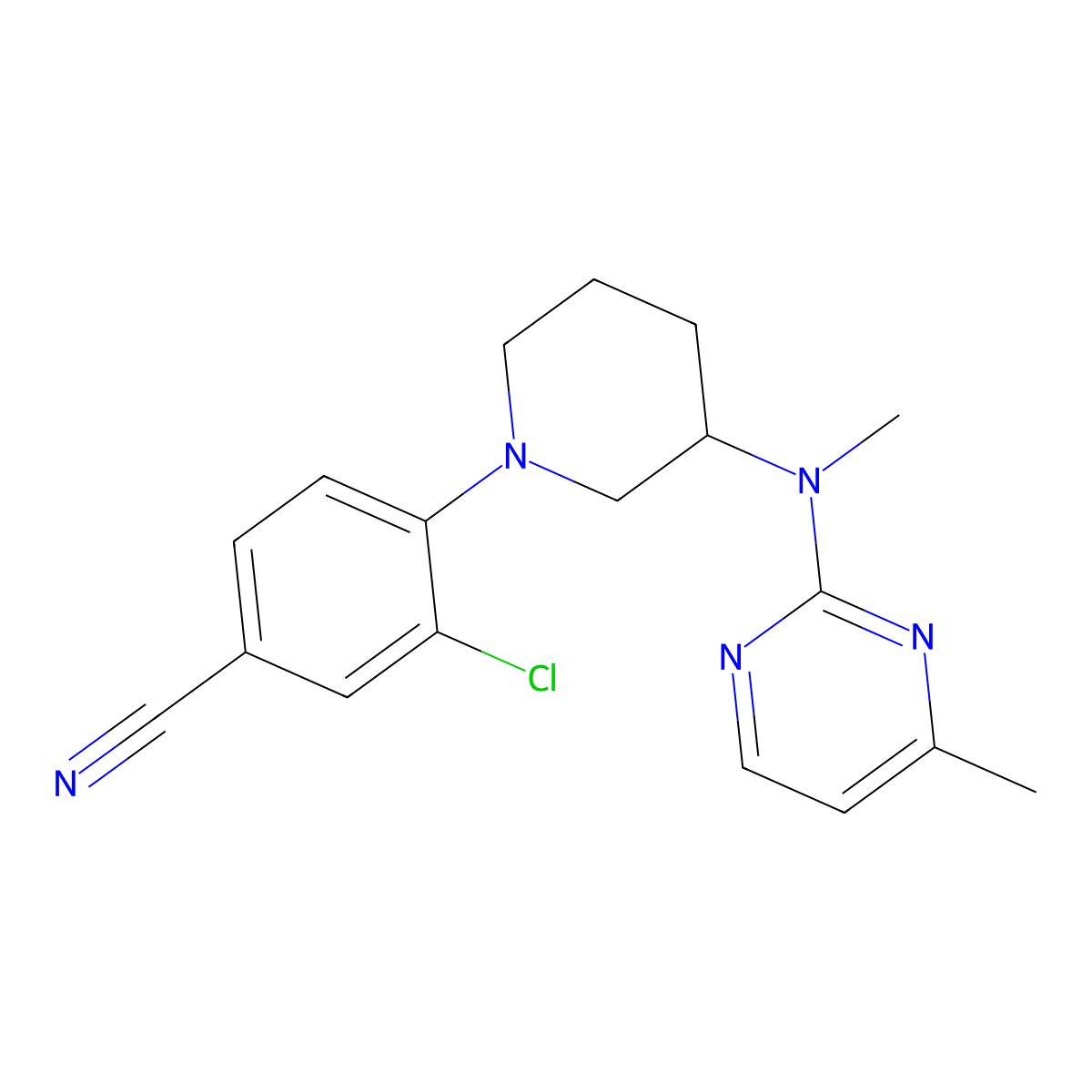 3-Chloro-4-{3-[methyl(4-methylpyrimidin-2-yl)amino]piperidin-1-yl}benzonitrile molecular structure, CAS 3054638-27-3