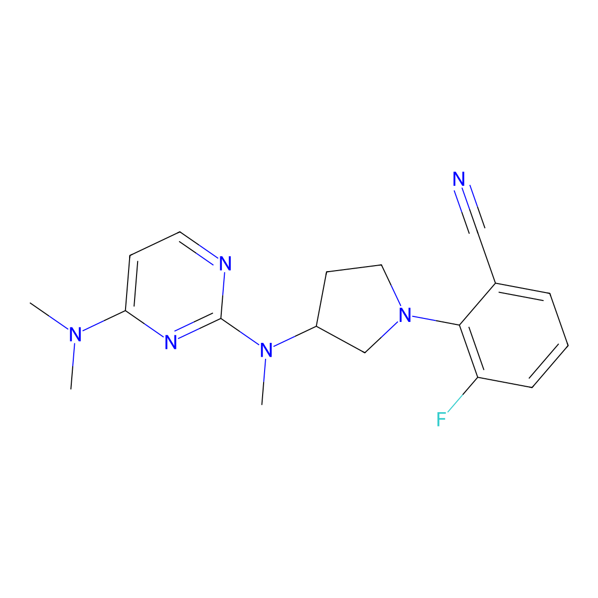 2-(3-{[4-(Dimethylamino)pyrimidin-2-yl](methyl)amino}pyrrolidin-1-yl)-3-fluorobenzonitrile molecular structure, CAS 3054638-28-4