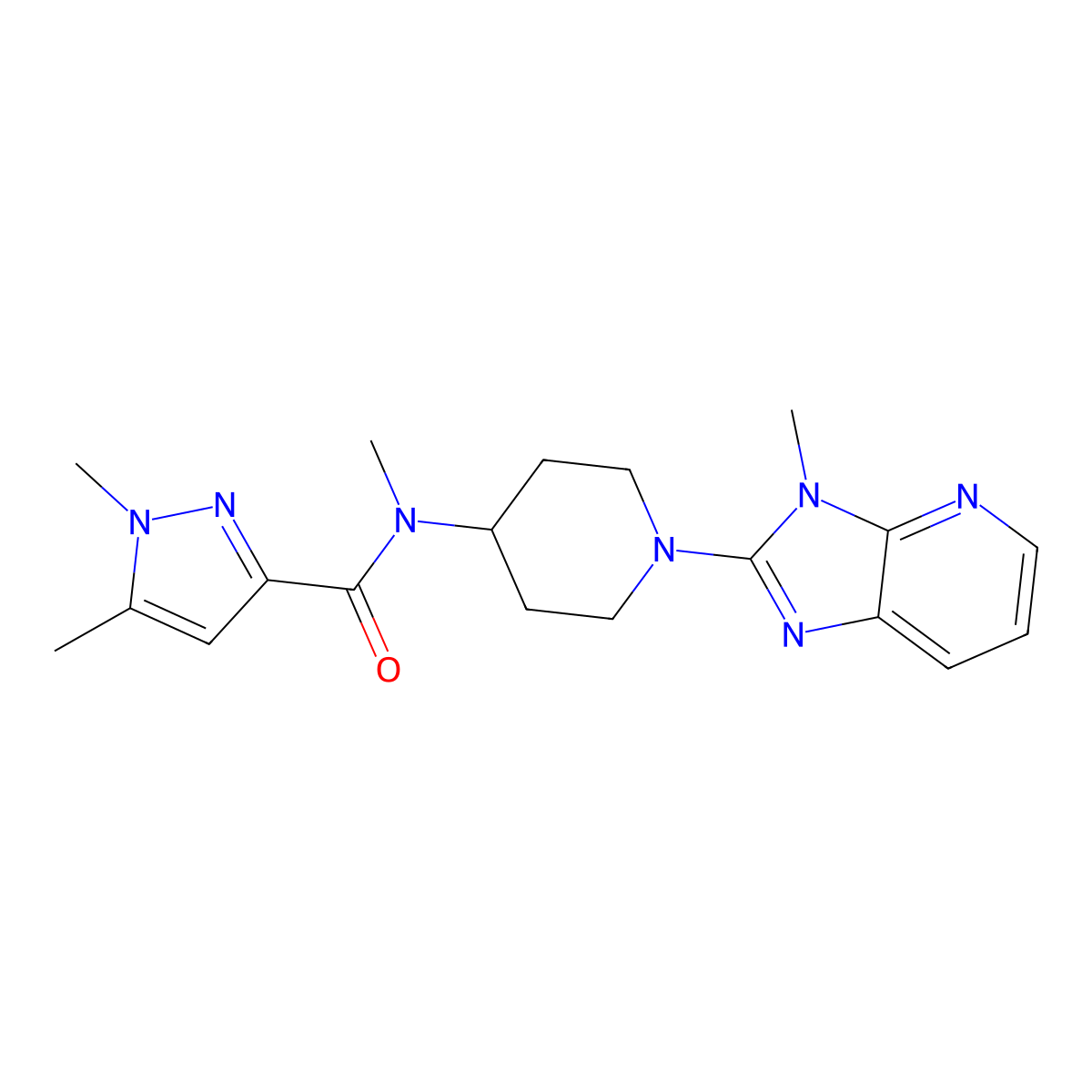 N,1,5-trimethyl-N-(1-{3-methyl-3H-imidazo[4,5-b]pyridin-2-yl}piperidin-4-yl)-1H-pyrazole-3-carboxamide molecular structure, CAS 3054638-33-1