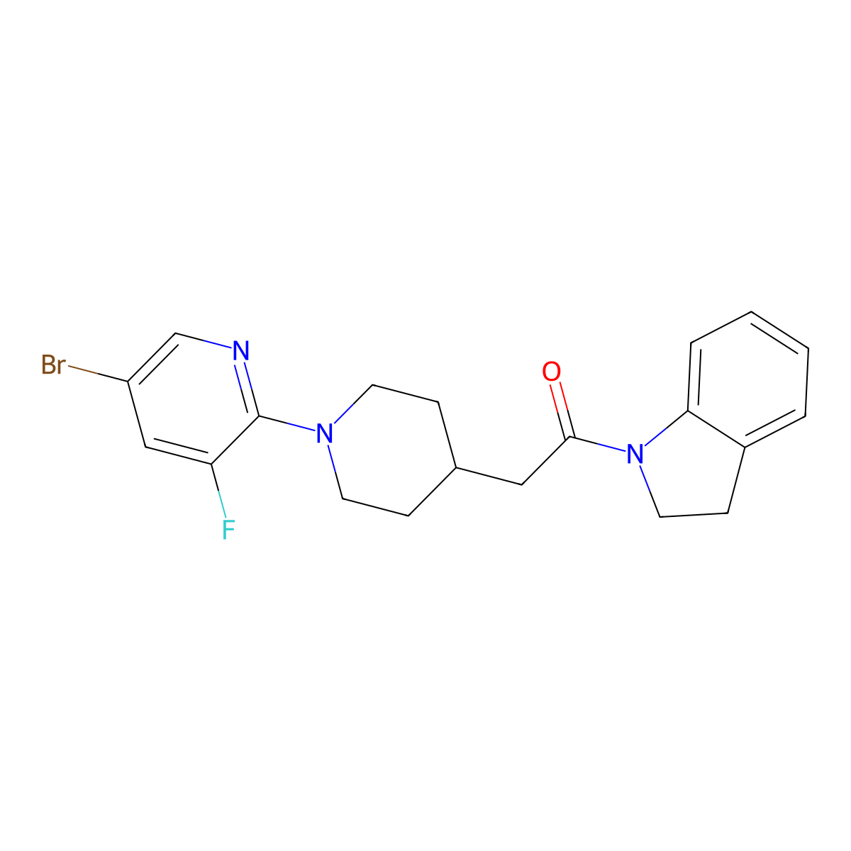 2-[1-(5-bromo-3-fluoropyridin-2-yl)piperidin-4-yl]-1-(2,3-dihydro-1H-indol-1-yl)ethan-1-one molecular structure, CAS 3054638-34-2