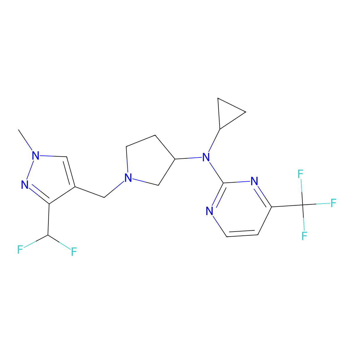 N-cyclopropyl-N-(1-{[3-(difluoromethyl)-1-methyl-1H-pyrazol-4-yl]methyl}pyrrolidin-3-yl)-4-(trifluoromethyl)pyrimidin-2-amine molecular structure, CAS 3054638-35-3