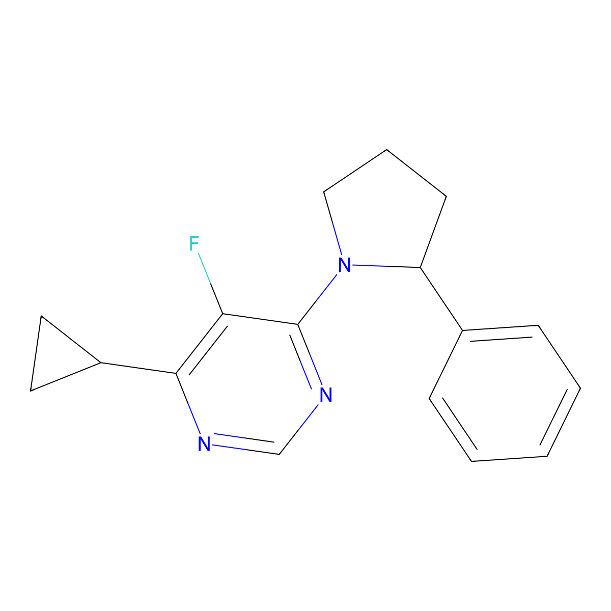 4-Cyclopropyl-5-fluoro-6-(2-phenylpyrrolidin-1-yl)pyrimidine molecular structure, CAS 3054638-38-6