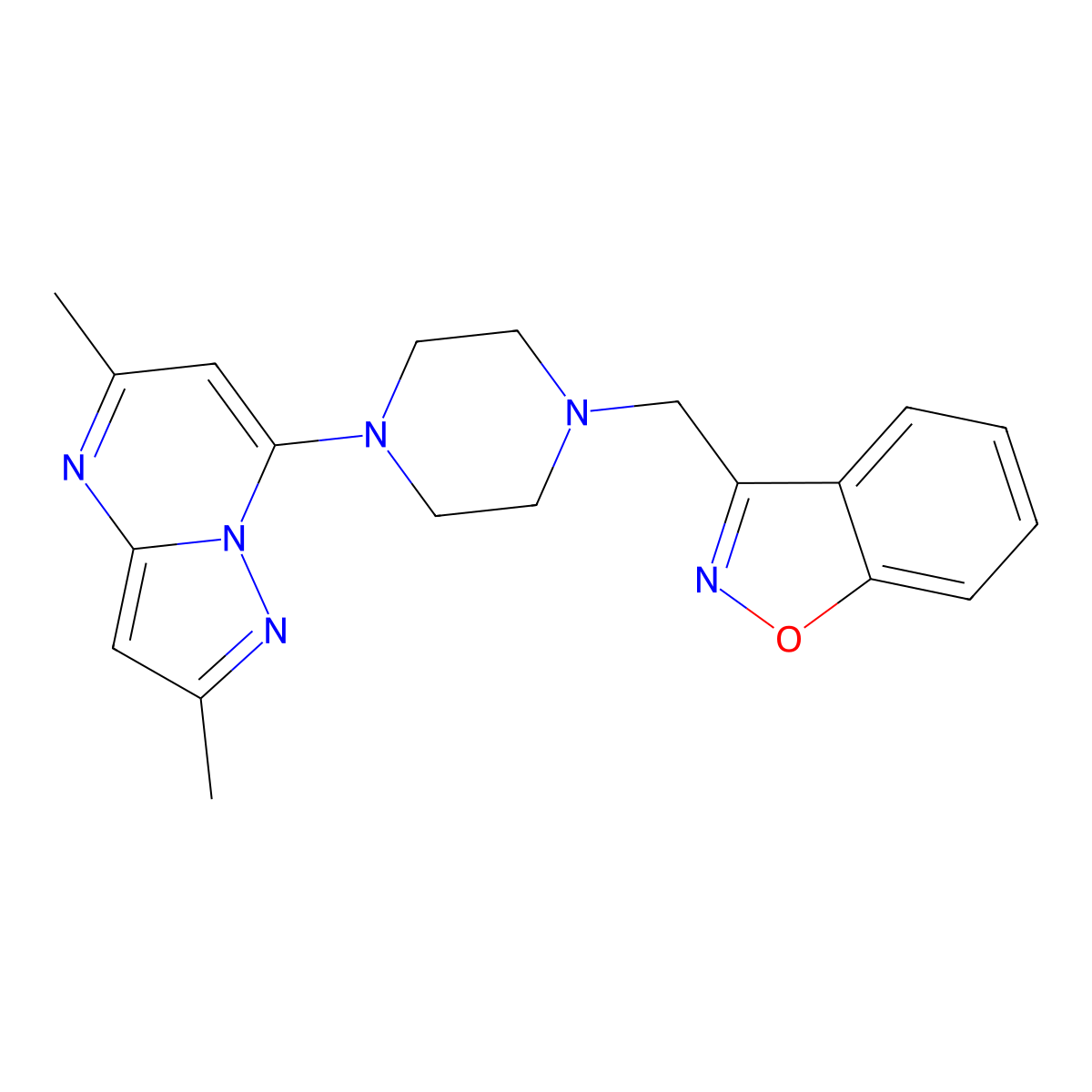 3-[(4-{2,5-Dimethylpyrazolo[1,5-a]pyrimidin-7-yl}piperazin-1-yl)methyl]-1,2-benzoxazole molecular structure, CAS 3054638-49-9