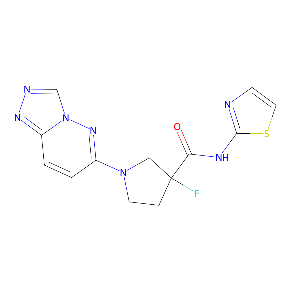 3-fluoro-N-(1,3-thiazol-2-yl)-1-{[1,2,4]triazolo[4,3-b]pyridazin-6-yl}pyrrolidine-3-carboxamide molecular structure, CAS 3054638-50-2