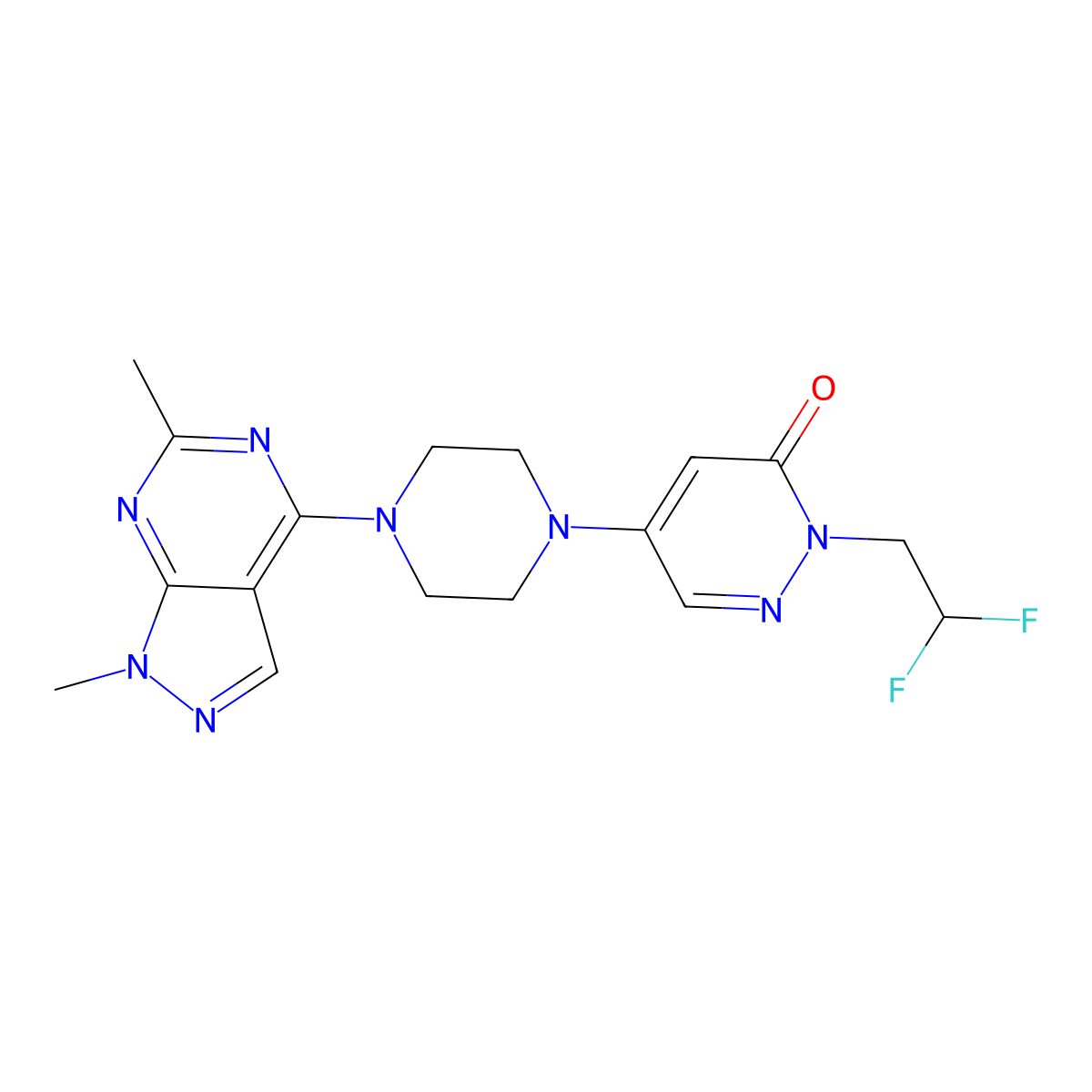 2-(2,2-difluoroethyl)-5-(4-{1,6-dimethyl-1H-pyrazolo[3,4-d]pyrimidin-4-yl}piperazin-1-yl)-2,3-dihydropyridazin-3-one molecular structure, CAS 3054638-53-5