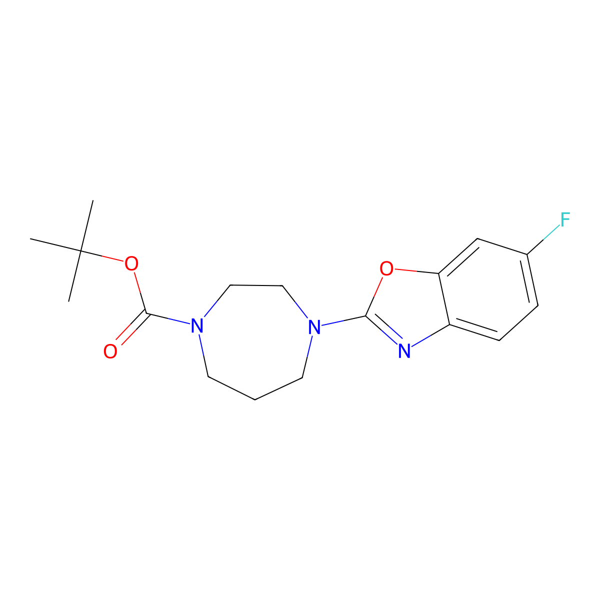 Tert-butyl 4-(6-fluoro-1,3-benzoxazol-2-yl)-1,4-diazepane-1-carboxylate molecular structure, CAS 3054638-70-6