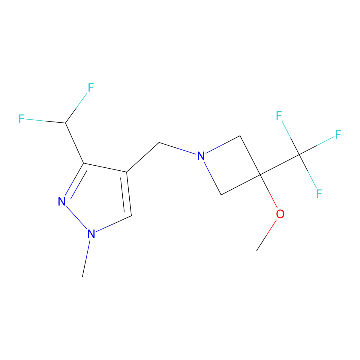 3-(difluoromethyl)-4-{[3-methoxy-3-(trifluoromethyl)azetidin-1-yl]methyl}-1-methyl-1H-pyrazole molecular structure, CAS 3054638-72-8