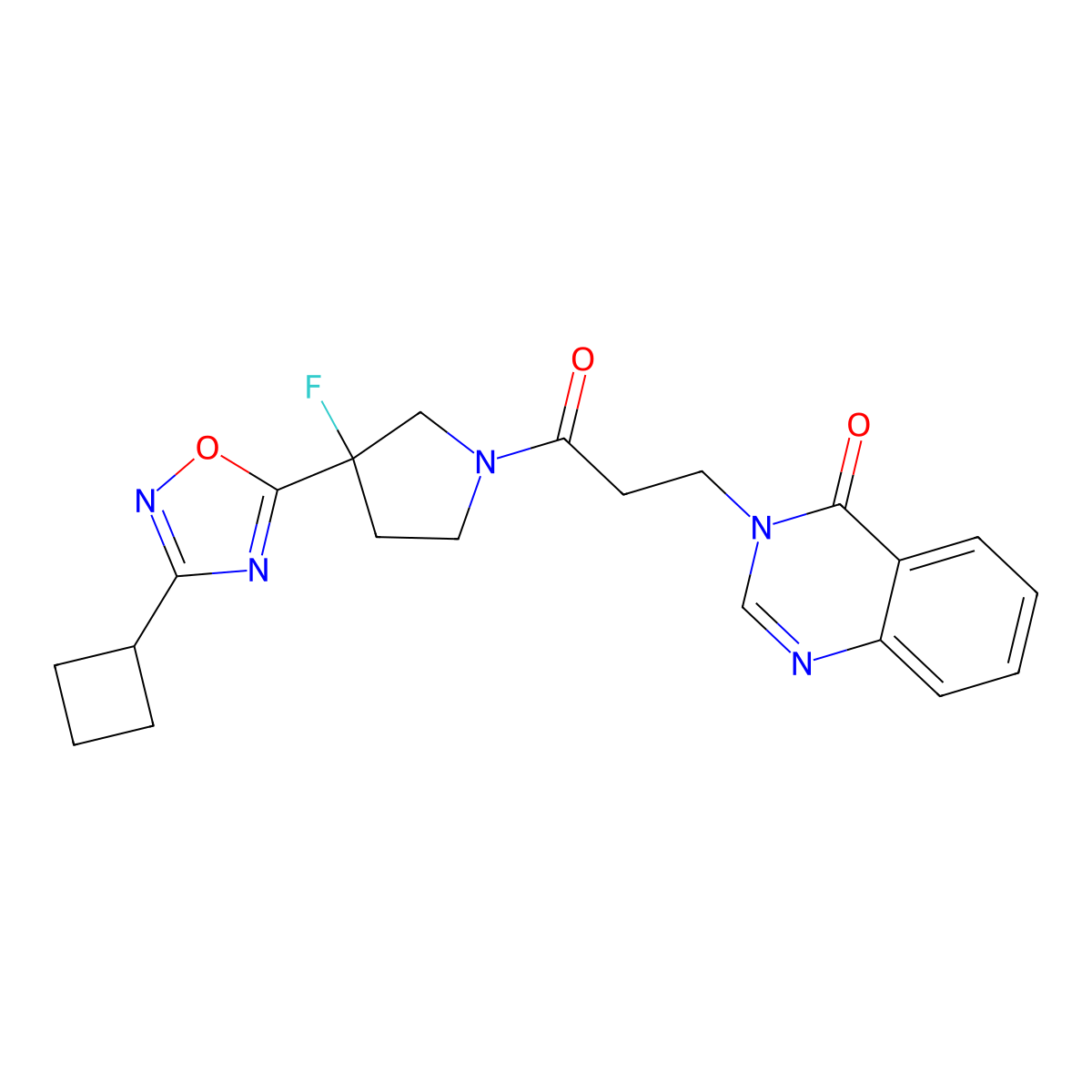 3-{3-[3-(3-Cyclobutyl-1,2,4-oxadiazol-5-yl)-3-fluoropyrrolidin-1-yl]-3-oxopropyl}-3,4-dihydroquinazolin-4-one molecular structure, CAS 3054638-73-9