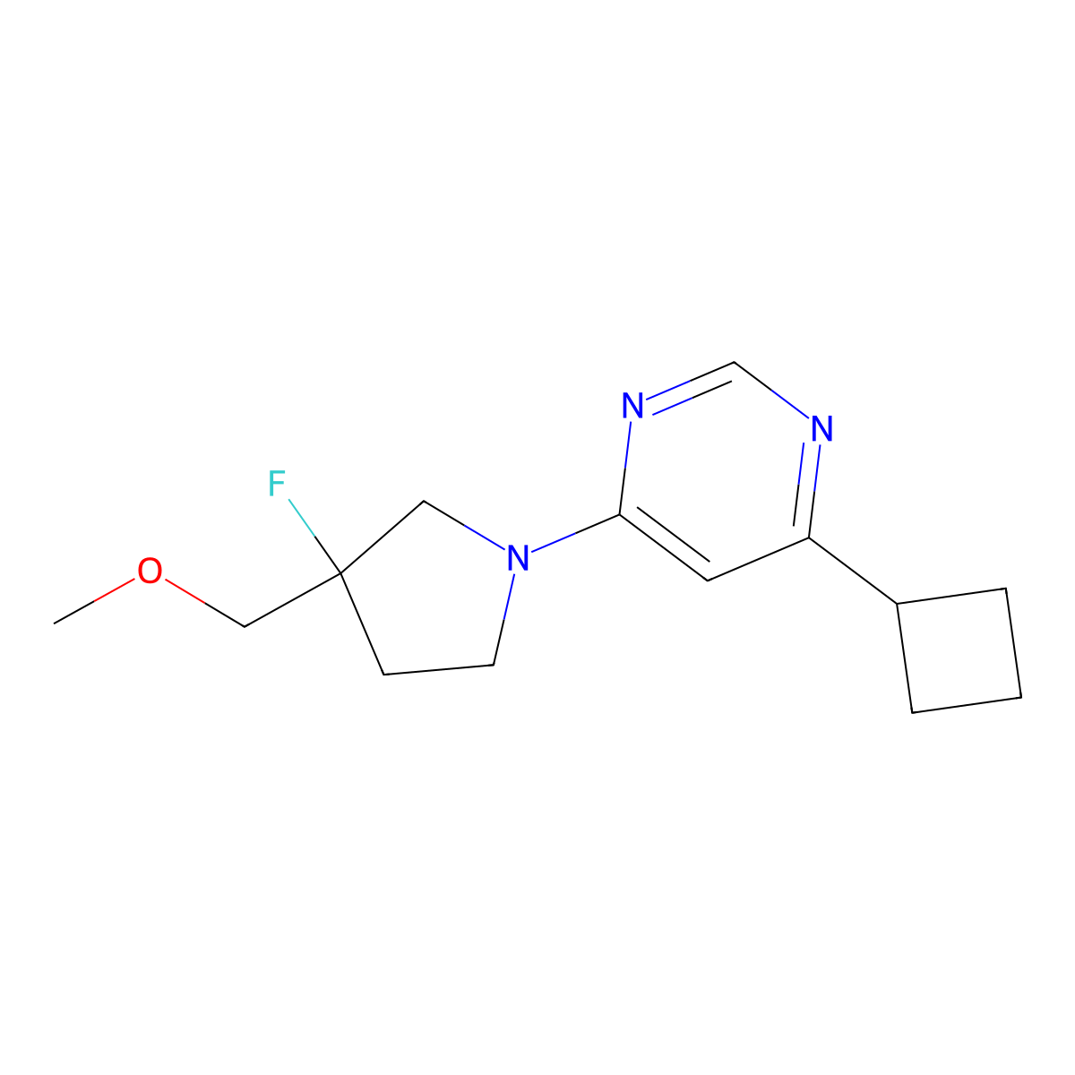 4-Cyclobutyl-6-[3-fluoro-3-(methoxymethyl)pyrrolidin-1-yl]pyrimidine molecular structure, CAS 3054638-76-2