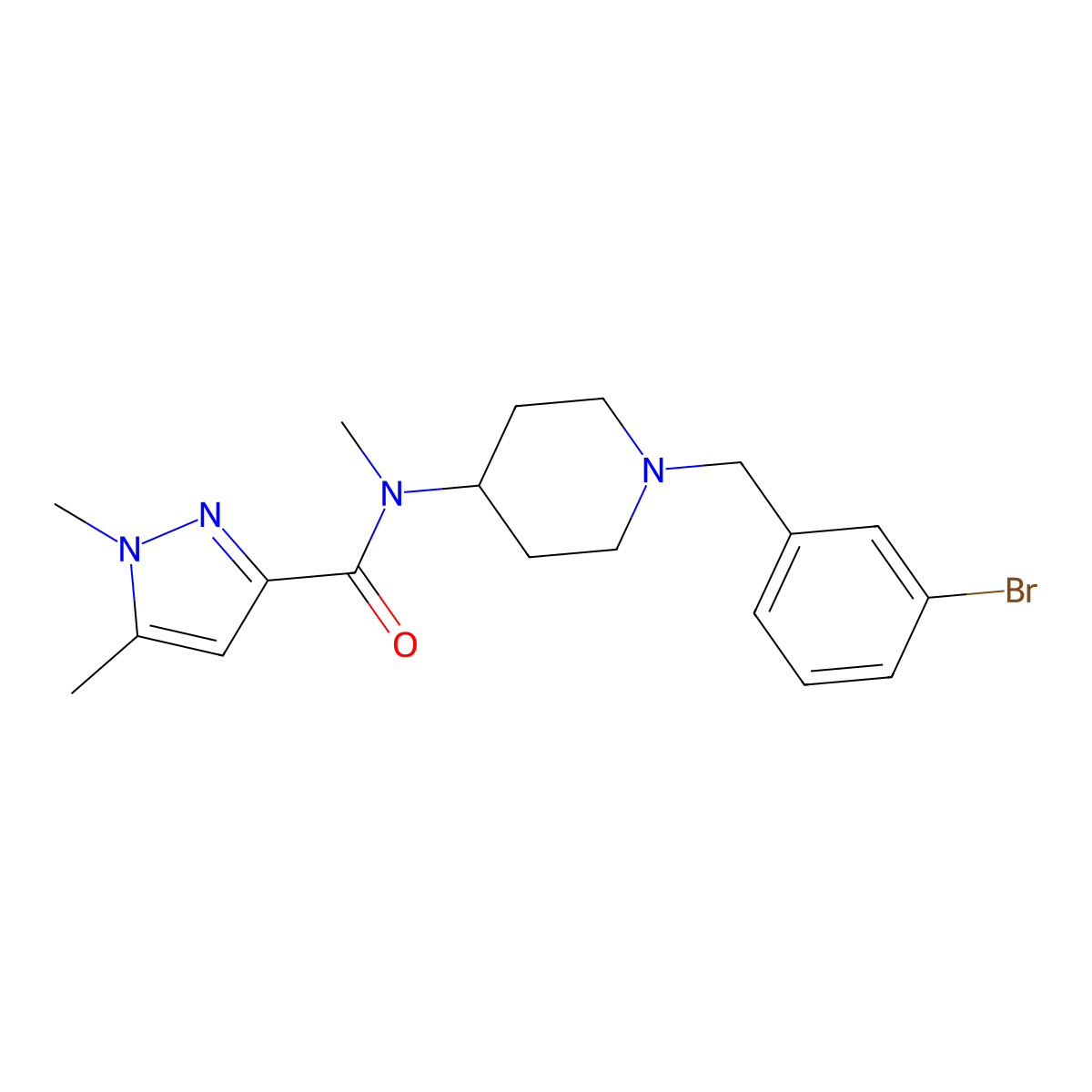 N-{1-[(3-bromophenyl)methyl]piperidin-4-yl}-N,1,5-trimethyl-1H-pyrazole-3-carboxamide molecular structure, CAS 3054638-87-5