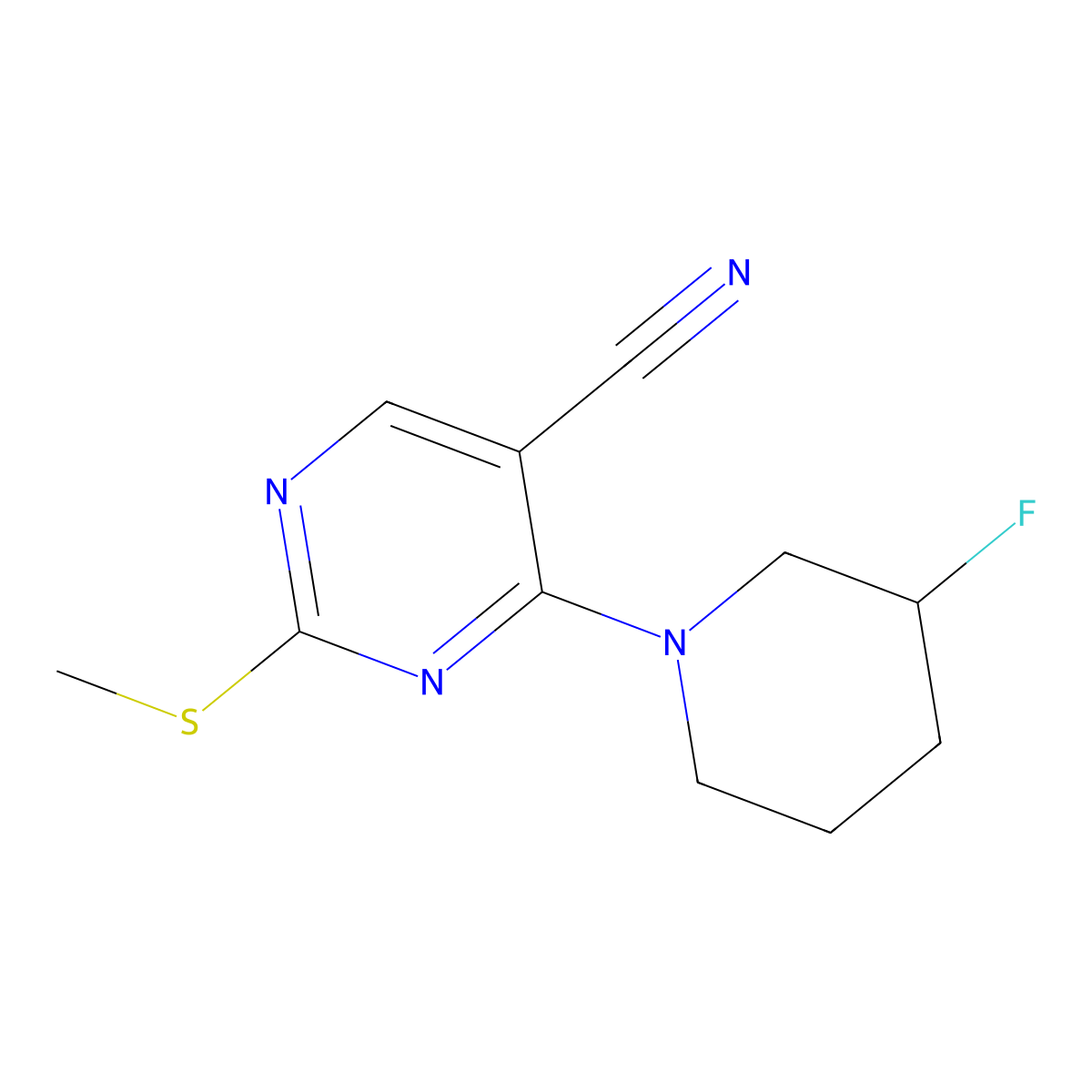 4-(3-Fluoropiperidin-1-yl)-2-(methylsulfanyl)pyrimidine-5-carbonitrile molecular structure, CAS 3054638-89-7