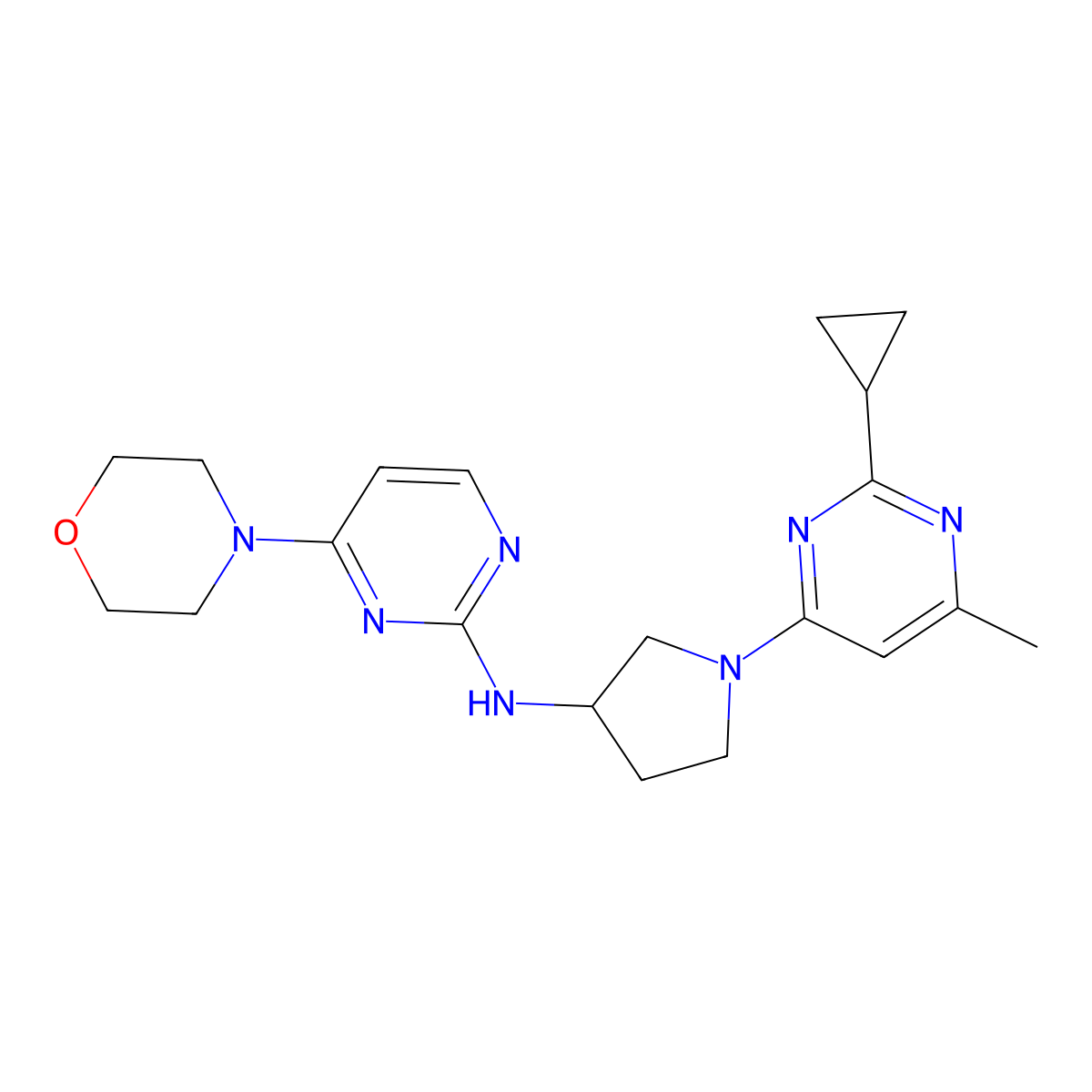 N-[1-(2-cyclopropyl-6-methylpyrimidin-4-yl)pyrrolidin-3-yl]-4-(morpholin-4-yl)pyrimidin-2-amine molecular structure, CAS 3054638-90-0