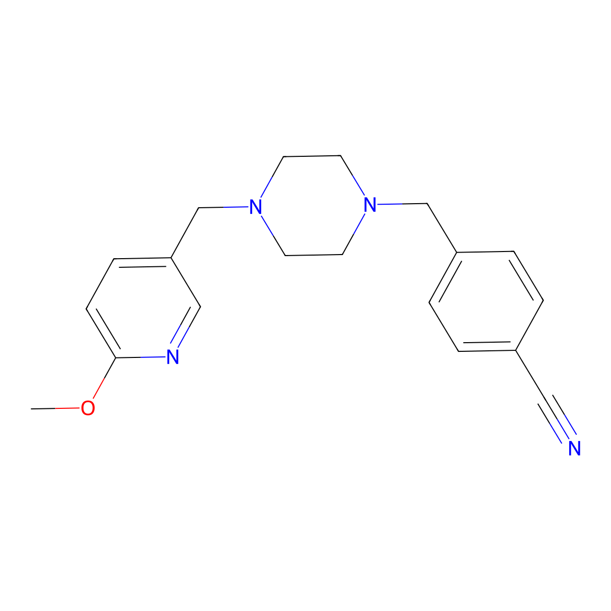 4-({4-[(6-Methoxypyridin-3-yl)methyl]piperazin-1-yl}methyl)benzonitrile molecular structure, CAS 3054638-94-4