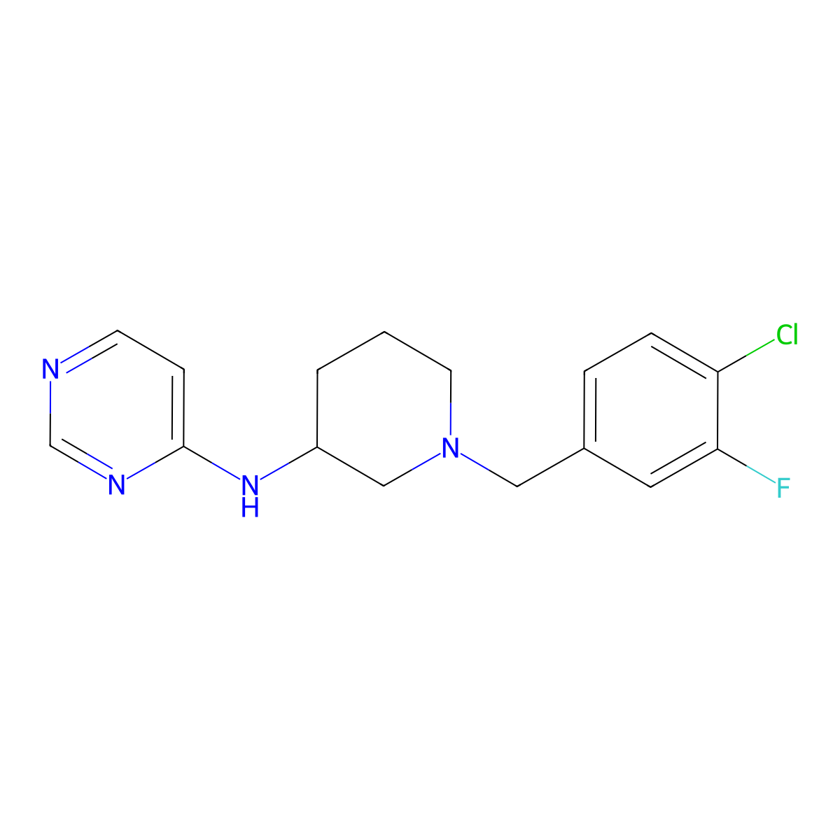 N-{1-[(4-chloro-3-fluorophenyl)methyl]piperidin-3-yl}pyrimidin-4-amine molecular structure, CAS 3054638-96-6
