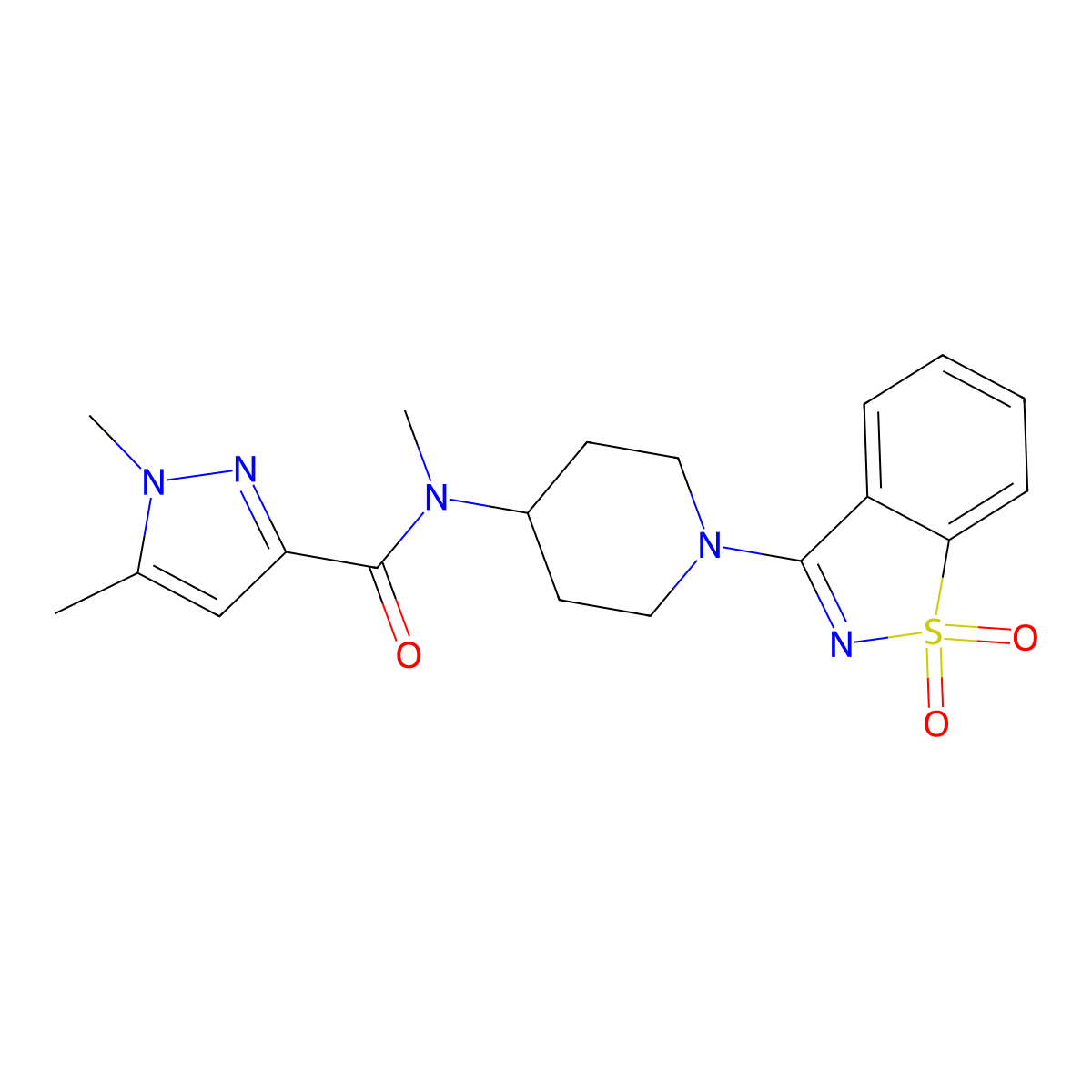 N-[1-(1,1-dioxo-1lambda,2-benzothiazol-3-yl)piperidin-4-yl]-N,1,5-trimethyl-1H-pyrazole-3-carboxamide molecular structure, CAS 3054639-07-2