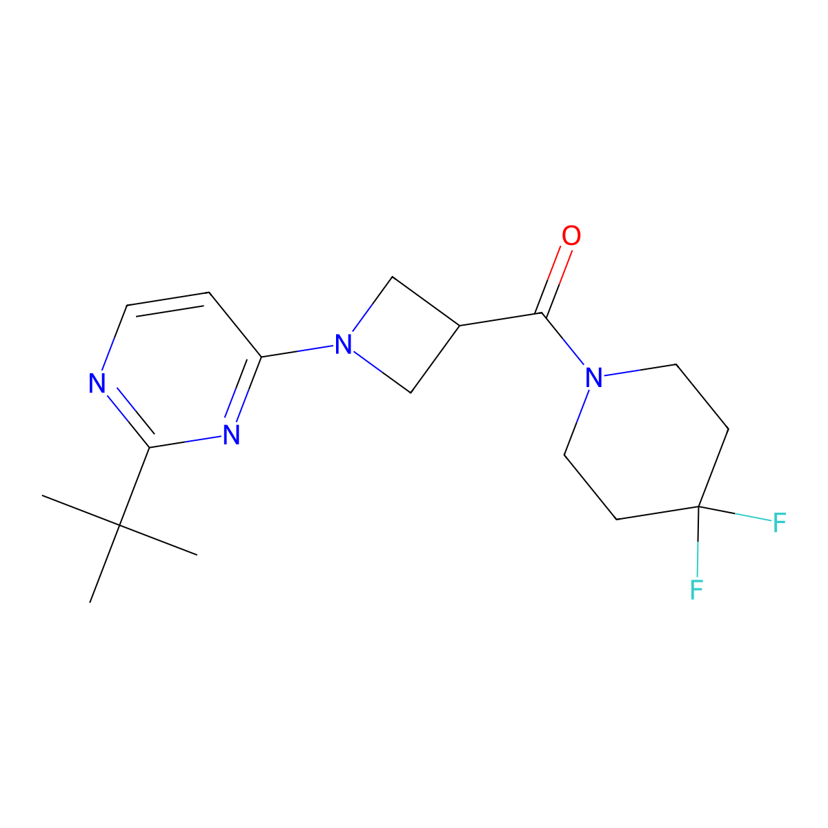 2-Tert-butyl-4-[3-(4,4-difluoropiperidine-1-carbonyl)azetidin-1-yl]pyrimidine molecular structure, CAS 3054639-13-0