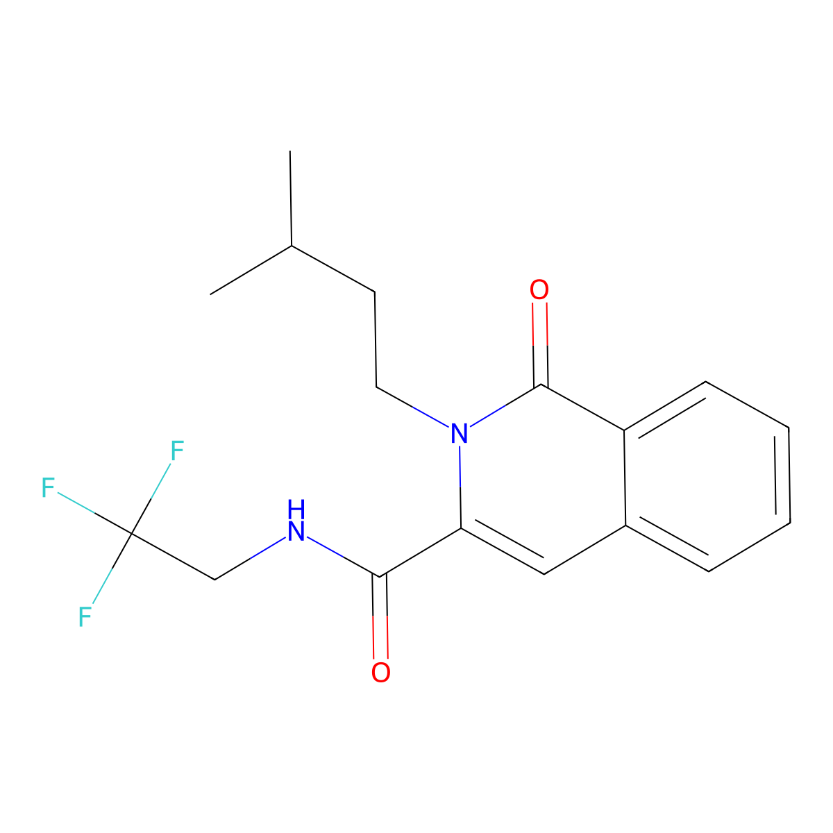 2-(3-methylbutyl)-1-oxo-N-(2,2,2-trifluoroethyl)-1,2-dihydroisoquinoline-3-carboxamide molecular structure, CAS 3054639-16-3