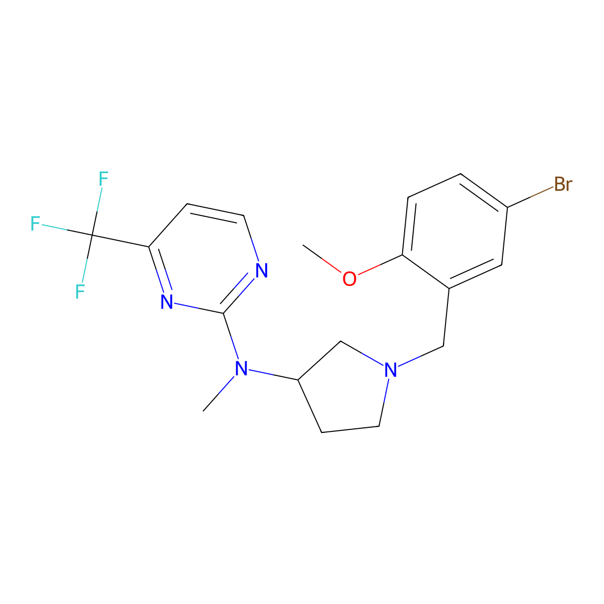 N-{1-[(5-bromo-2-methoxyphenyl)methyl]pyrrolidin-3-yl}-N-methyl-4-(trifluoromethyl)pyrimidin-2-amine molecular structure, CAS 3054639-29-8