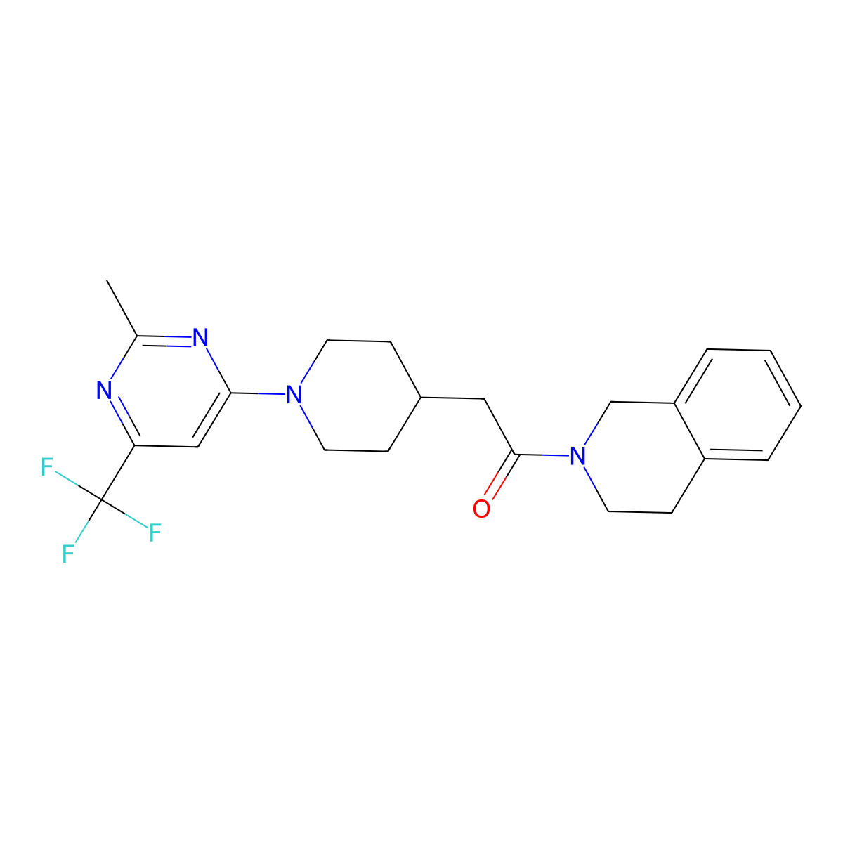 2-{1-[2-Methyl-6-(trifluoromethyl)pyrimidin-4-yl]piperidin-4-yl}-1-(1,2,3,4-tetrahydroisoquinolin-2-yl)ethan-1-one molecular structure, CAS 3054639-30-1