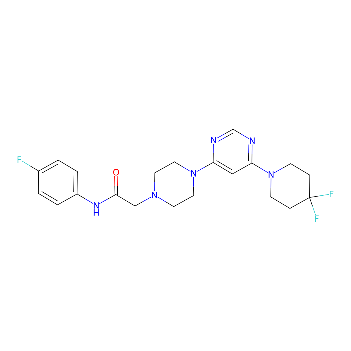 2-{4-[6-(4,4-difluoropiperidin-1-yl)pyrimidin-4-yl]piperazin-1-yl}-N-(4-fluorophenyl)acetamide molecular structure, CAS 3054639-31-2