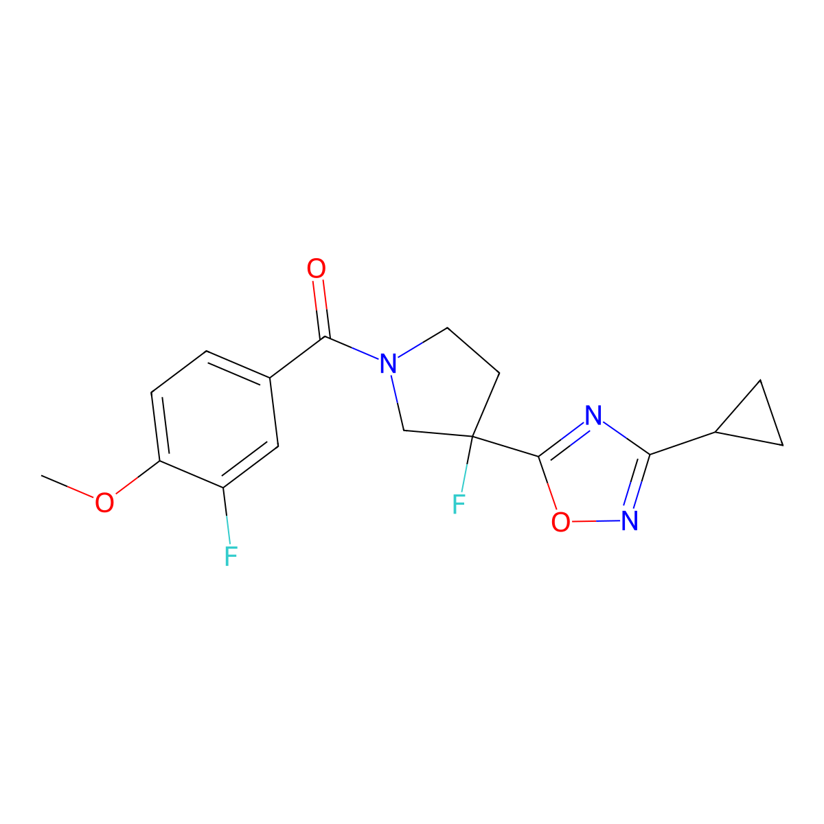 3-Cyclopropyl-5-[3-fluoro-1-(3-fluoro-4-methoxybenzoyl)pyrrolidin-3-yl]-1,2,4-oxadiazole molecular structure, CAS 3054639-35-6