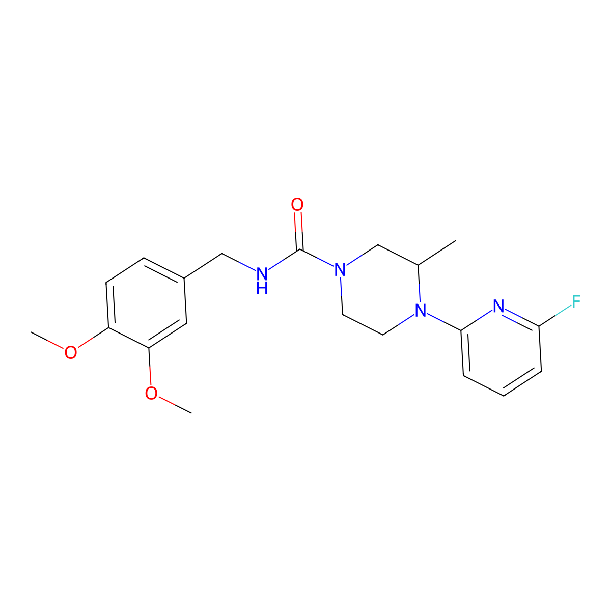 N-[(3,4-dimethoxyphenyl)methyl]-4-(6-fluoropyridin-2-yl)-3-methylpiperazine-1-carboxamide molecular structure, CAS 3054639-41-4