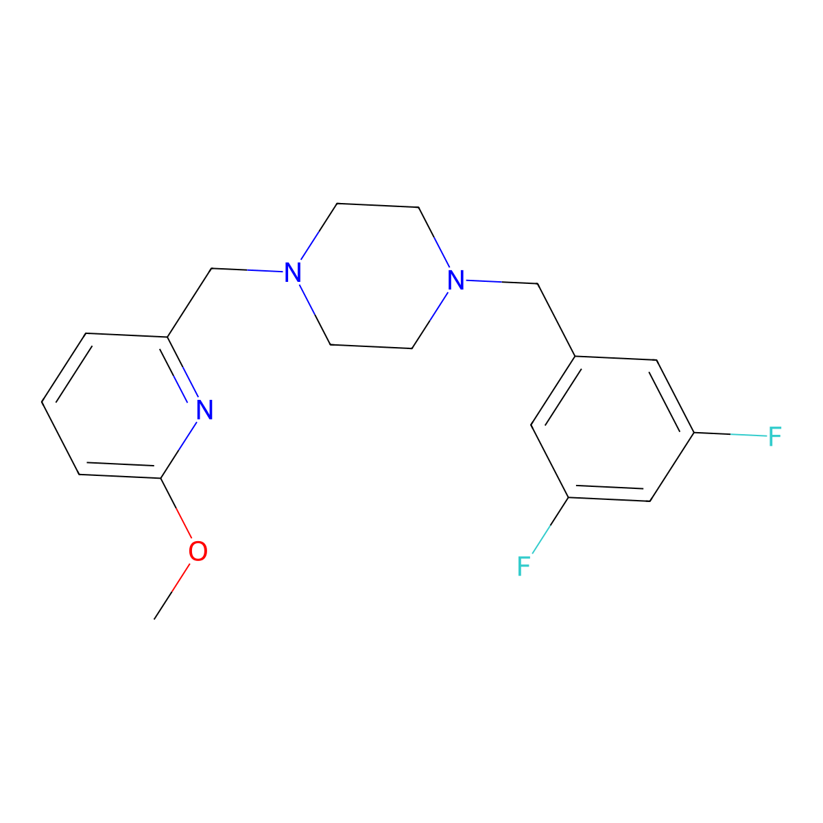 1-[(3,5-Difluorophenyl)methyl]-4-[(6-methoxypyridin-2-yl)methyl]piperazine molecular structure, CAS 3054639-45-8
