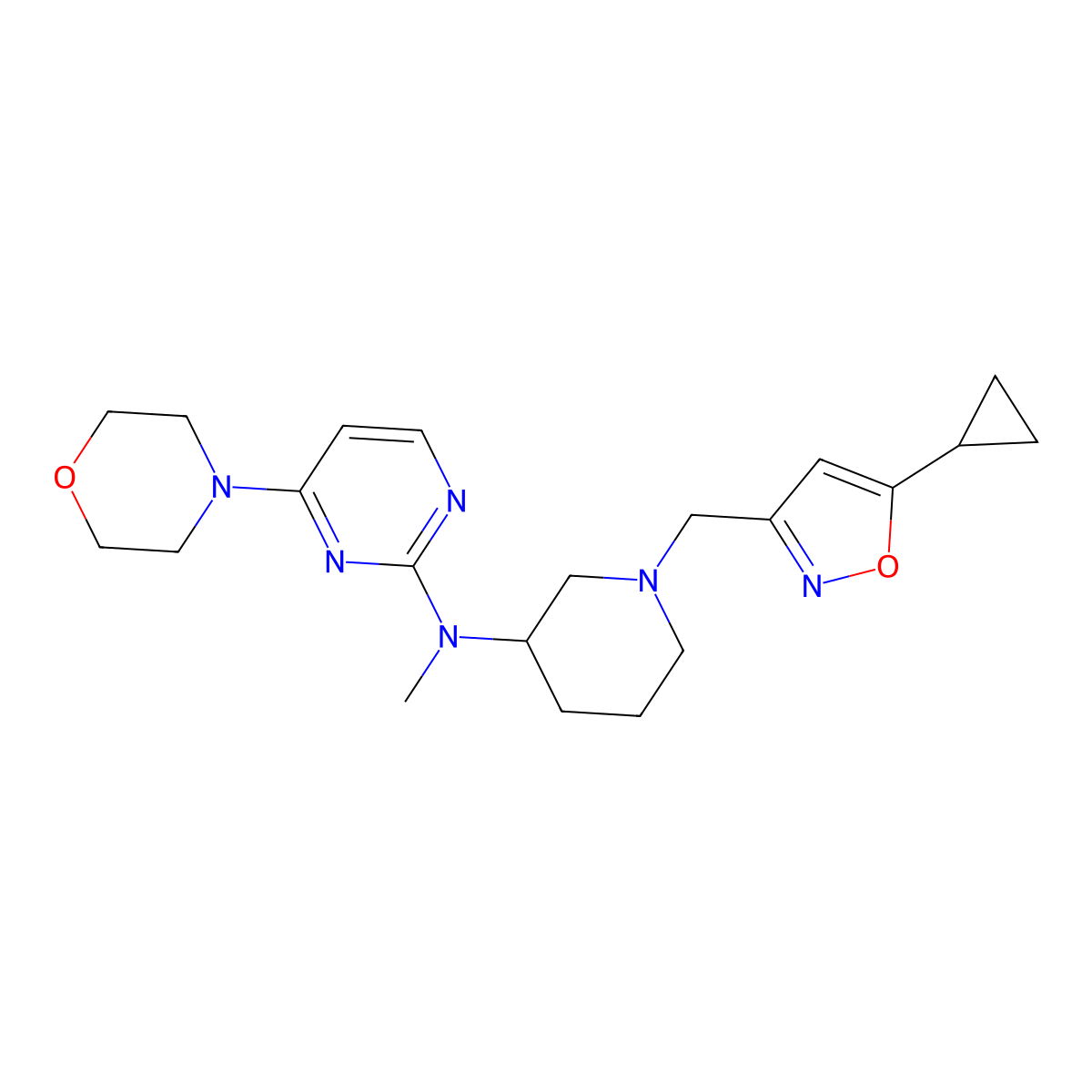 N-{1-[(5-cyclopropyl-1,2-oxazol-3-yl)methyl]piperidin-3-yl}-N-methyl-4-(morpholin-4-yl)pyrimidin-2-amine molecular structure, CAS 3054639-47-0