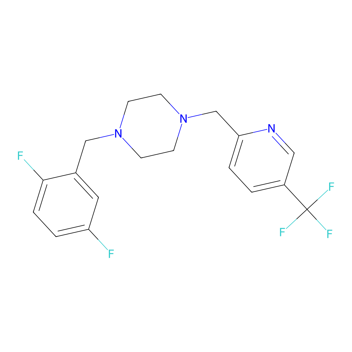 1-[(2,5-Difluorophenyl)methyl]-4-{[5-(trifluoromethyl)pyridin-2-yl]methyl}piperazine molecular structure, CAS 3054639-55-0