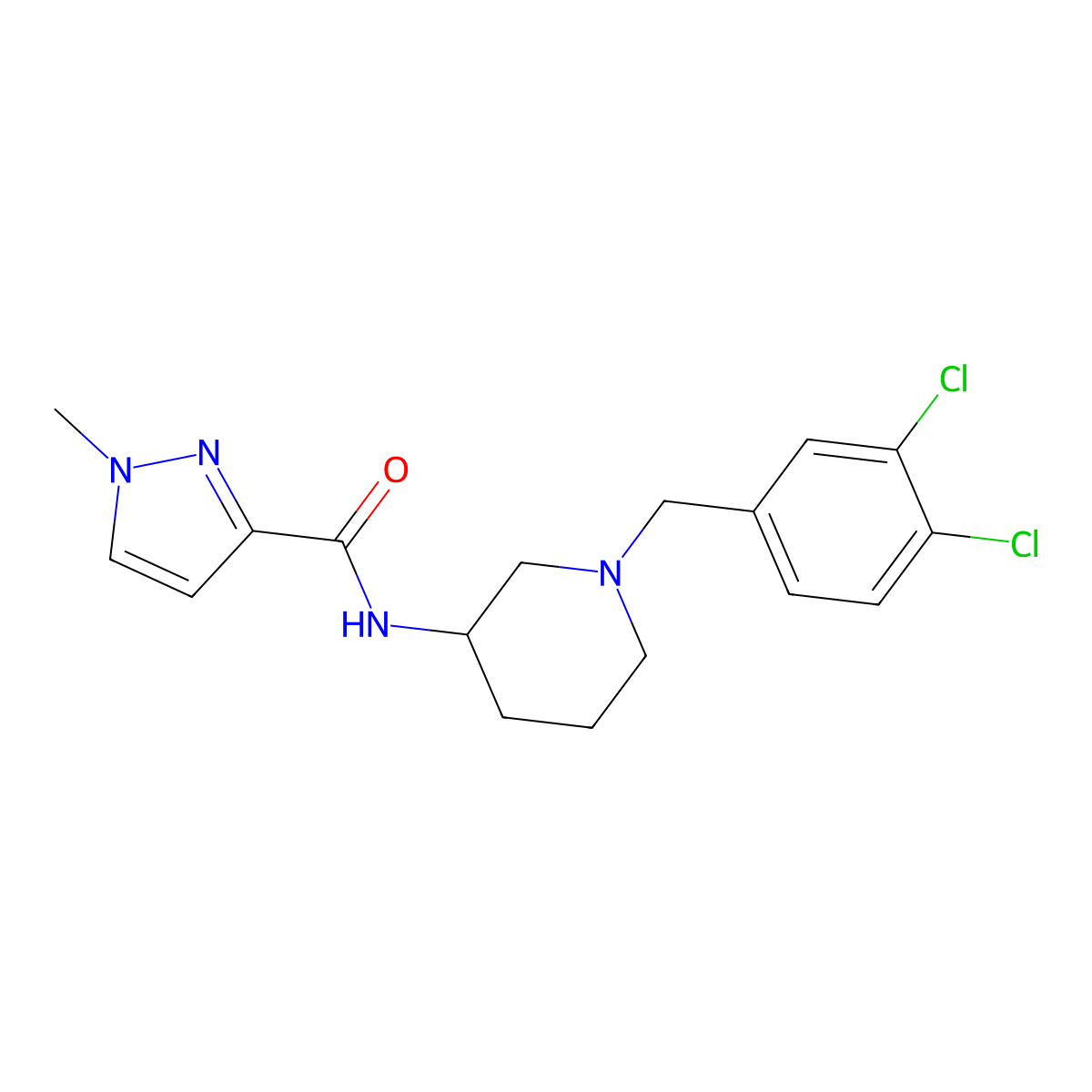 N-{1-[(3,4-dichlorophenyl)methyl]piperidin-3-yl}-1-methyl-1H-pyrazole-3-carboxamide molecular structure, CAS 3054639-56-1