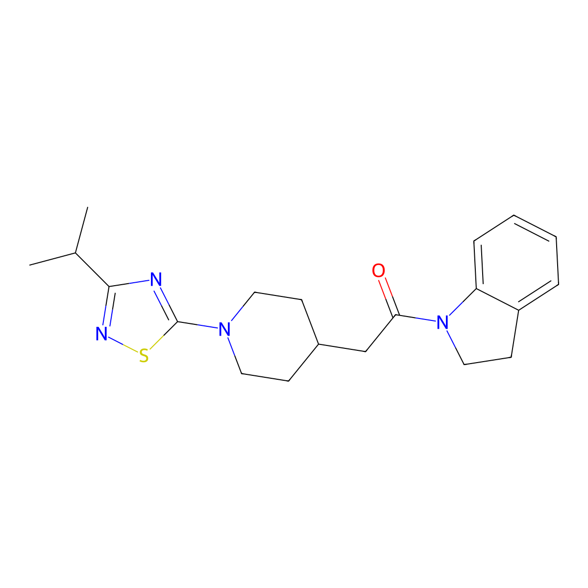 1-(2,3-dihydro-1H-indol-1-yl)-2-{1-[3-(propan-2-yl)-1,2,4-thiadiazol-5-yl]piperidin-4-yl}ethan-1-one molecular structure, CAS 3054639-58-3