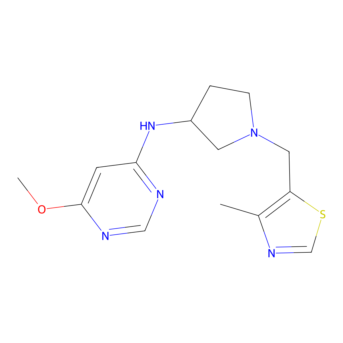 6-methoxy-N-{1-[(4-methyl-1,3-thiazol-5-yl)methyl]pyrrolidin-3-yl}pyrimidin-4-amine molecular structure, CAS 3054639-60-7