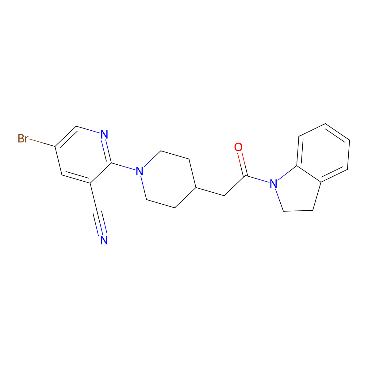 5-bromo-2-{4-[2-(2,3-dihydro-1H-indol-1-yl)-2-oxoethyl]piperidin-1-yl}pyridine-3-carbonitrile molecular structure, CAS 3054639-66-3