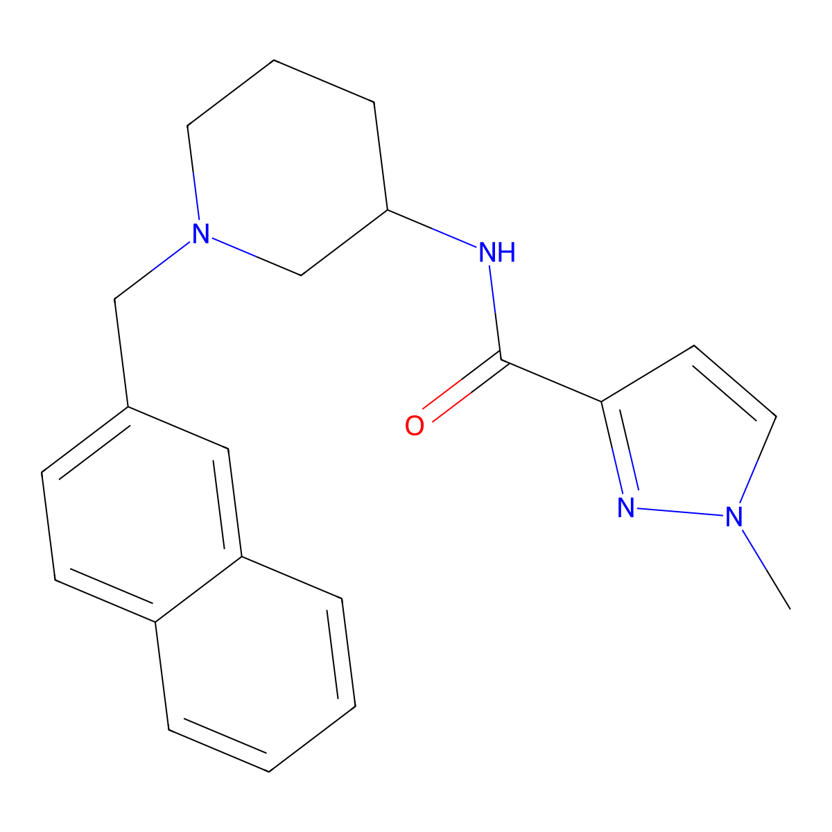 1-methyl-N-{1-[(naphthalen-2-yl)methyl]piperidin-3-yl}-1H-pyrazole-3-carboxamide molecular structure, CAS 3054639-68-5
