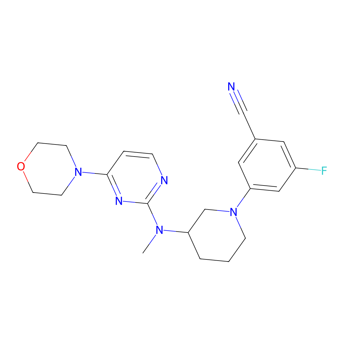 3-Fluoro-5-(3-{methyl[4-(morpholin-4-yl)pyrimidin-2-yl]amino}piperidin-1-yl)benzonitrile molecular structure, CAS 3054639-78-7
