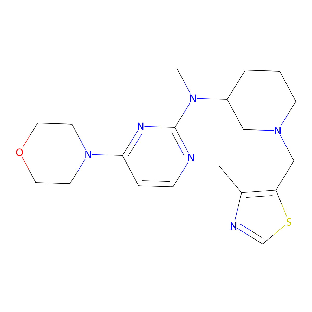 N-methyl-N-{1-[(4-methyl-1,3-thiazol-5-yl)methyl]piperidin-3-yl}-4-(morpholin-4-yl)pyrimidin-2-amine molecular structure, CAS 3054639-80-1