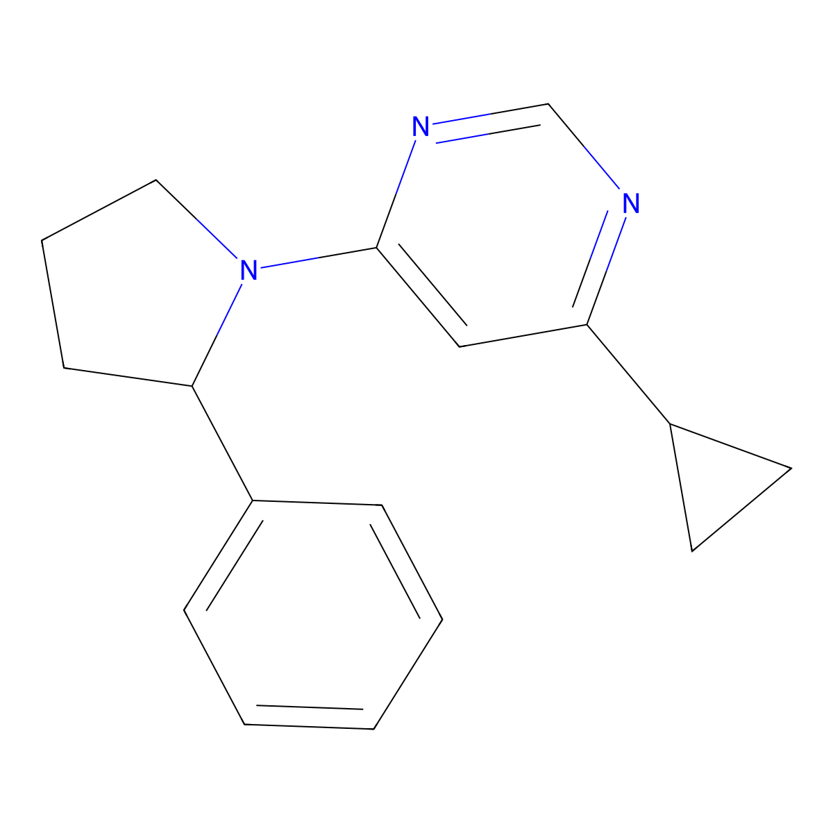4-Cyclopropyl-6-(2-phenylpyrrolidin-1-yl)pyrimidine molecular structure, CAS 3054639-84-5