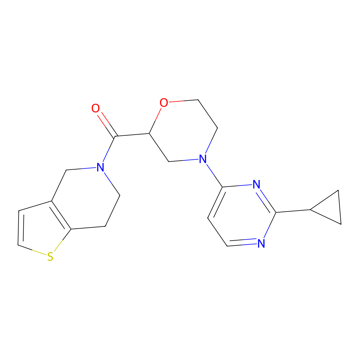 4-(2-cyclopropylpyrimidin-4-yl)-2-{4H,5H,6H,7H-thieno[3,2-c]pyridine-5-carbonyl}morpholine molecular structure, CAS 3054639-96-9
