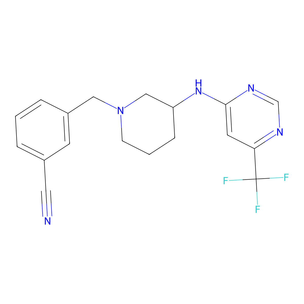 3-[(3-{[6-(Trifluoromethyl)pyrimidin-4-yl]amino}piperidin-1-yl)methyl]benzonitrile molecular structure, CAS 3054640-04-6