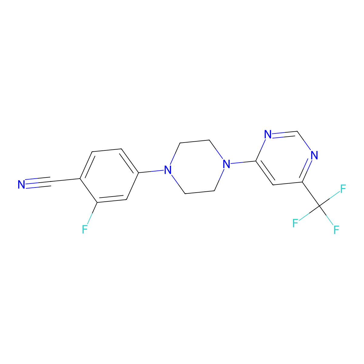 2-Fluoro-4-{4-[6-(trifluoromethyl)pyrimidin-4-yl]piperazin-1-yl}benzonitrile molecular structure, CAS 3054640-05-7