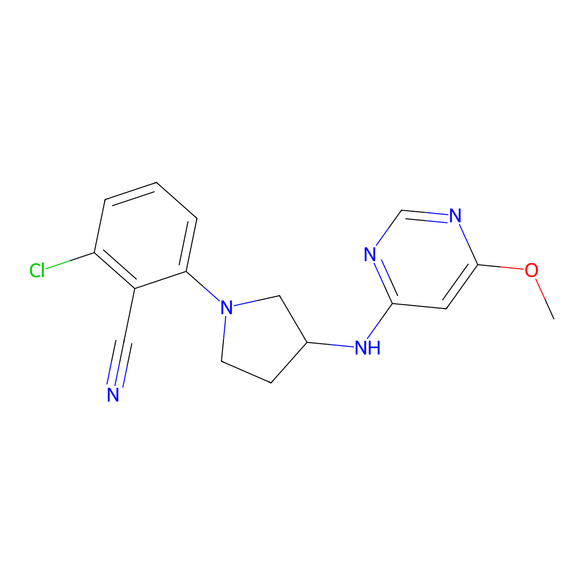 2-Chloro-6-[3-[(6-methoxypyrimidin-4-yl)amino]pyrrolidin-1-yl]benzonitrile molecular structure, CAS 3054640-08-0