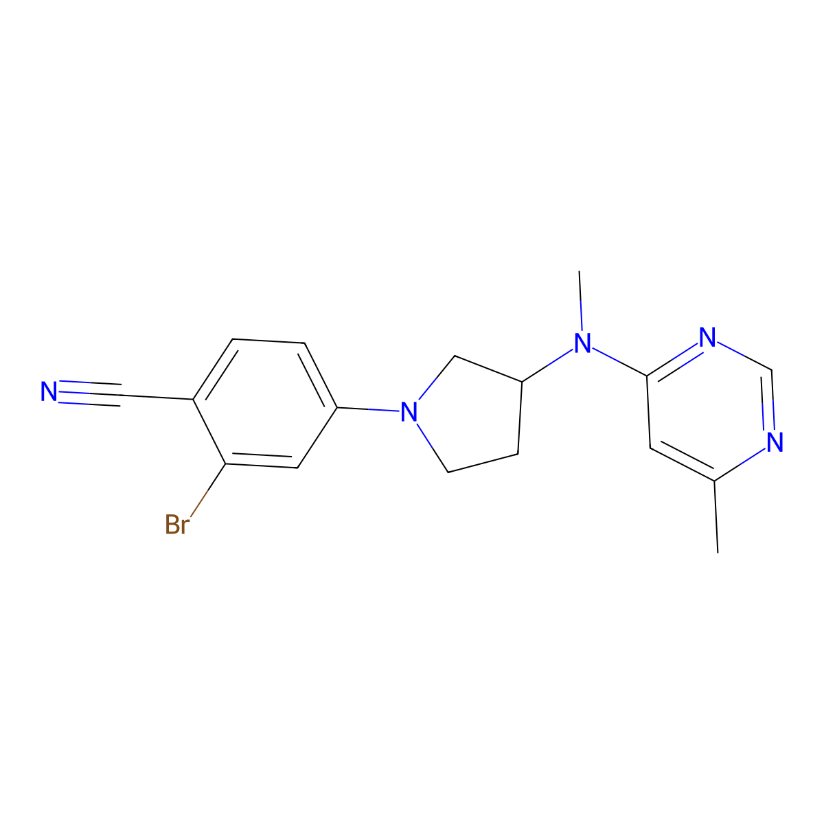 2-Bromo-4-{3-[methyl(6-methylpyrimidin-4-yl)amino]pyrrolidin-1-yl}benzonitrile molecular structure, CAS 3054640-10-4