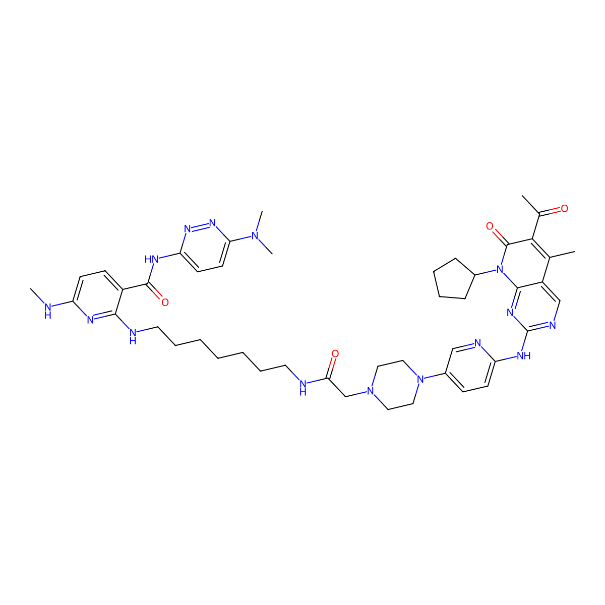 2-[7-[[2-[4-[6-[(6-acetyl-8-cyclopentyl-5-methyl-7-oxopyrido[2,3-d]pyrimidin-2-yl)amino]-3-pyridinyl]piperazin-1-yl]acetyl]amino]heptylamino]-N-[6-(dimethylamino)pyridazin-3-yl]-6-(methylamino)pyridine-3-carboxamide molecular structure, CAS 3055471-57-0