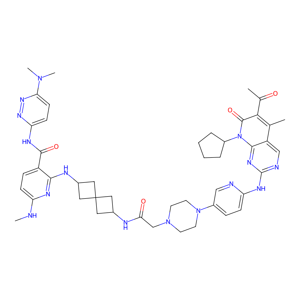 2-[[2-[[2-[4-[6-[(6-acetyl-8-cyclopentyl-5-methyl-7-oxopyrido[2,3-d]pyrimidin-2-yl)amino]-3-pyridinyl]piperazin-1-yl]acetyl]amino]spiro[3.3]heptan-6-yl]amino]-N-[6-(dimethylamino)pyridazin-3-yl]-6-(methylamino)pyridine-3-carboxamide molecular structure, CAS 3055472-38-0