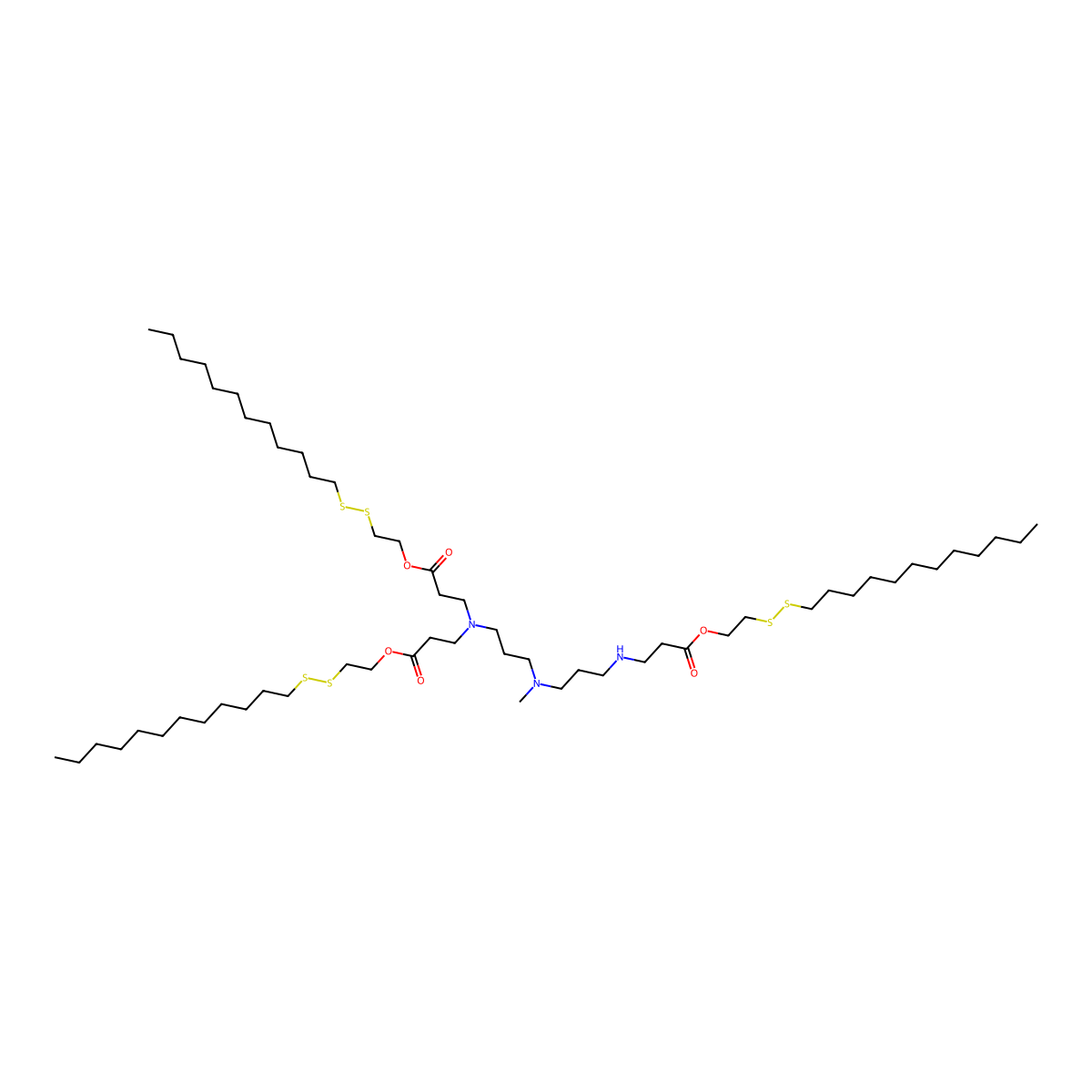 2-(Dodecyldisulfanyl)ethyl 3-[3-[3-[bis[3-[2-(dodecyldisulfanyl)ethoxy]-3-oxopropyl]amino]propyl-methylamino]propylamino]propanoate molecular structure, CAS 3055572-07-8
