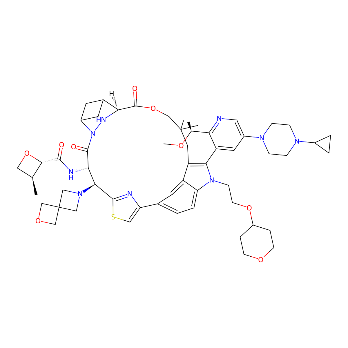 (2S,3S)-N-((64S,3S,4S)-12-(5-(4-Cyclopropylpiperazin-1-yl)-2-((S)-1-methoxyethyl)pyridin-3-yl)-10,10-dimethyl-5,7-dioxo-3-(2-oxa-6-azaspiro[3.3]heptan-6-yl)-11-(2-((tetrahydro-2H-pyran-4-yl)oxy)ethyl)-11H-8-oxa-62,63-diaza-2(4,2)-thiazola-1(5,3)-indola-6(2,4)-bicyclo[3.1.1]heptanacycloundecaphane-4-yl)-3-methyloxetane-2-carboxamide molecular structure, CAS 3056146-38-1