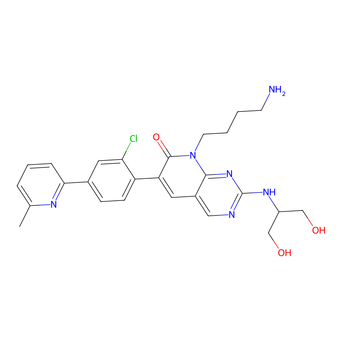 8-(4-Azanylbutyl)-2-[1,3-bis(oxidanyl)propan-2-ylamino]-6-[2-chloranyl-4-(6-methylpyridin-2-yl)phenyl]pyrido[2,3-d]pyrimidin-7-one molecular structure, CAS 3056814-89-9