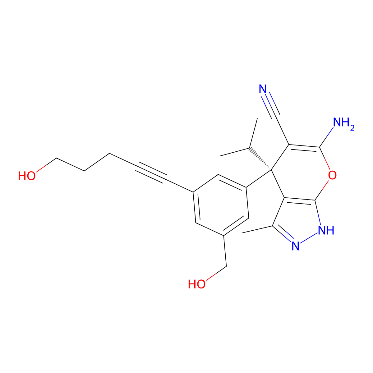 (4S)-6-amino-4-[3-(hydroxymethyl)-5-(5-hydroxypent-1-ynyl)phenyl]-3-methyl-4-propan-2-yl-2H-pyrano[2,3-c]pyrazole-5-carbonitrile molecular structure, CAS 3056942-19-6