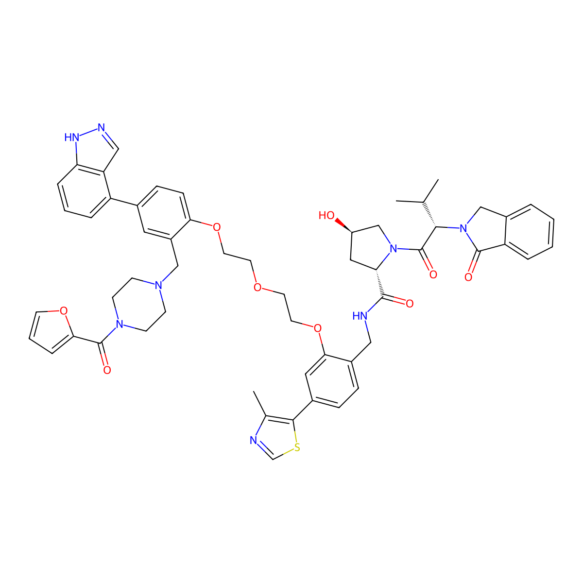 (2S,4R)-N-[[2-[2-[2-[2-[[4-(furan-2-carbonyl)piperazin-1-yl]methyl]-4-(1H-indazol-4-yl)phenoxy]ethoxy]ethoxy]-4-(4-methyl-1,3-thiazol-5-yl)phenyl]methyl]-4-hydroxy-1-[(2S)-3-methyl-2-(3-oxo-1H-isoindol-2-yl)butanoyl]pyrrolidine-2-carboxamide molecular structure, CAS 3057446-82-6