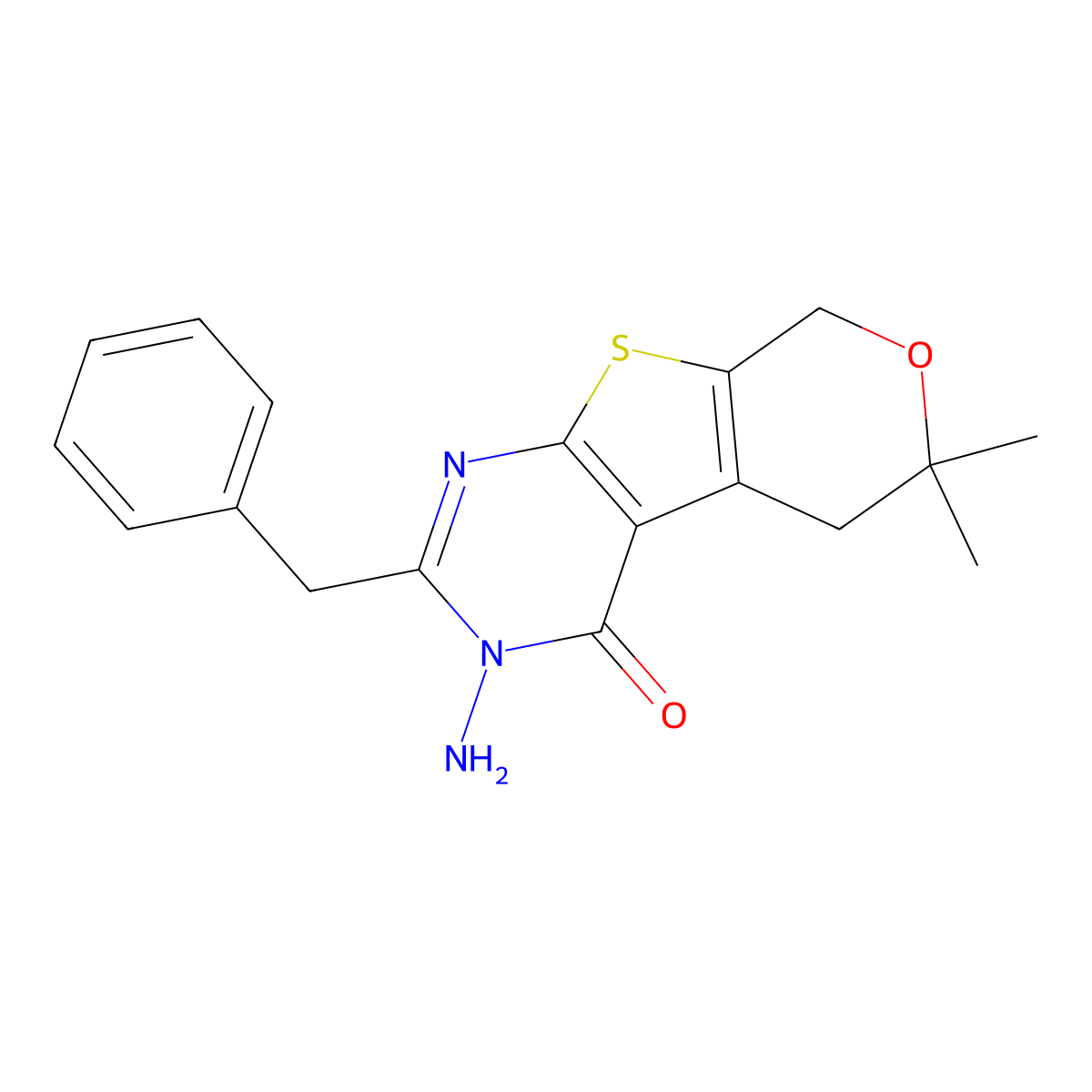 3-Amino-2-benzyl-6,6-dimethyl-5,8-dihydropyrano[2,3]thieno[2,4-d]pyrimidin-4-one molecular structure, CAS 305807-19-6